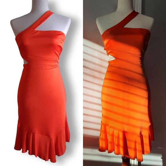 BCBGMAXAZRIA Dresses & Skirts - BCBG Max Azria Asymmetrical Bodycon Cutout Dress Red-Orange Shimmer Size XXS